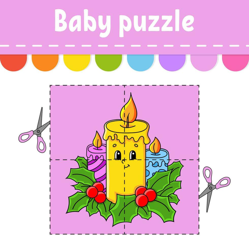 Baby puzzle. Easy level. Flash cards. Cut and play. Color activity worksheet. Game for children. cartoon character. Vector illustration.