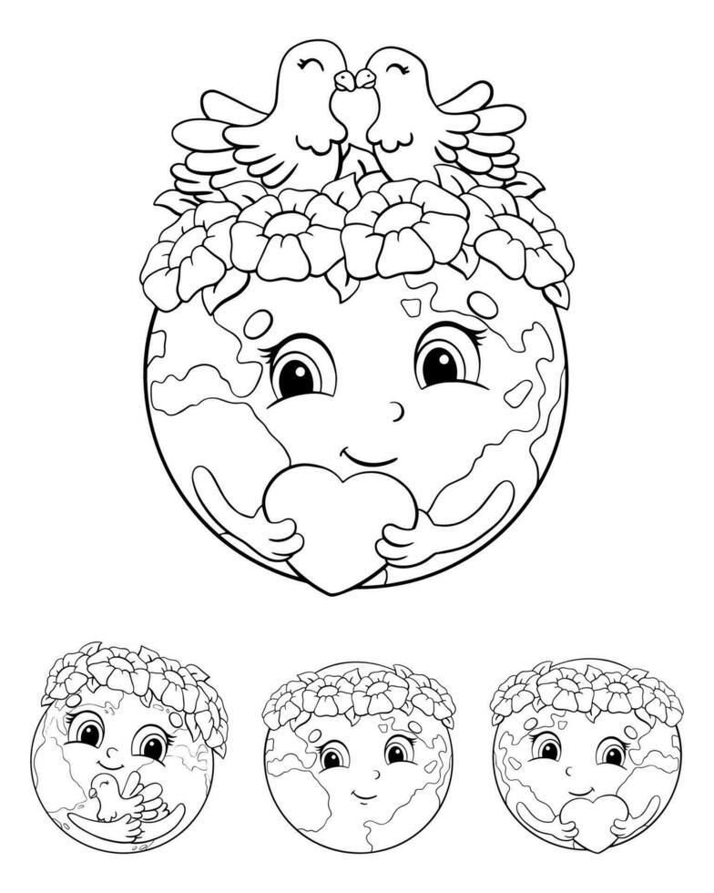 Set of cute planets for Earth Day. Coloring book page for kids. Cartoon style character. Vector illustration isolated on white background.