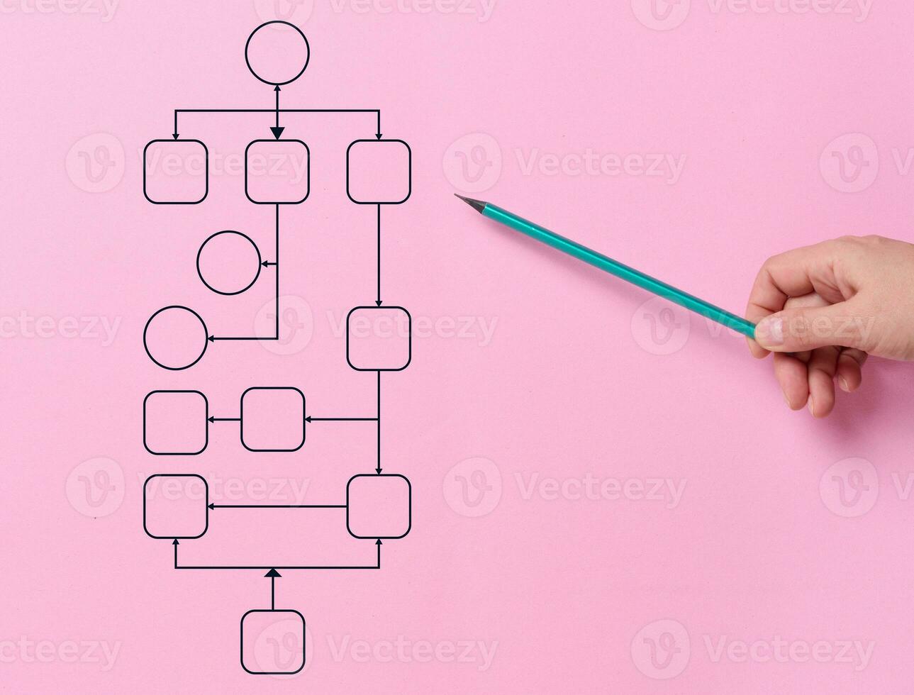 A woman's hand holds a wooden pencil on a pink background. Automate business processes and workflows using flowcharts. photo