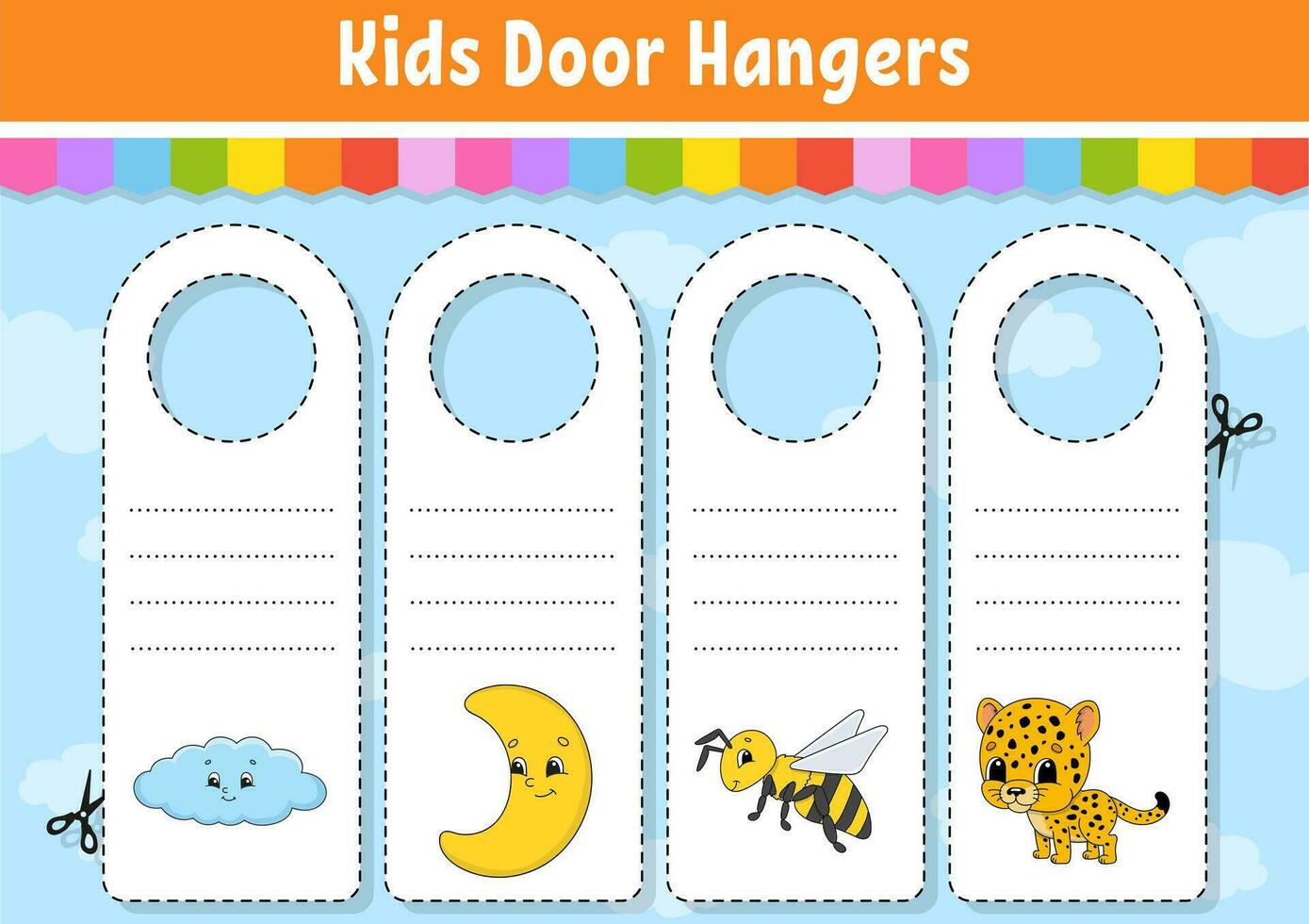 Door hangers. Cute cartoon characters. Sign printable. Kids style. On doorknobs. Tag template. Vector illustration.