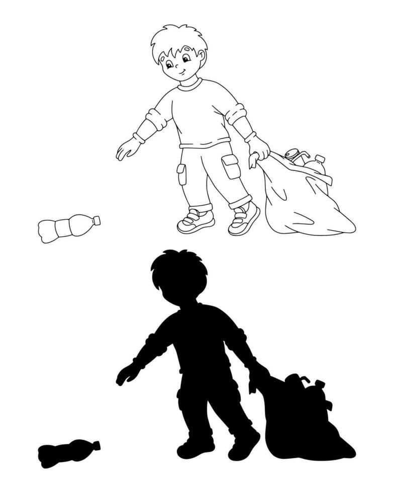 Black silhouette. The boy puts the garbage in the trash bag. Design element. Vector illustration isolated on white background. Template for books, stickers, posters, cards, clothes.