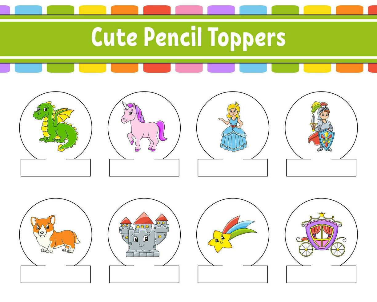 Cute pencil toppers for kids. With color cute characters. Cutting practice. Isolated on white background. Vector illustration.