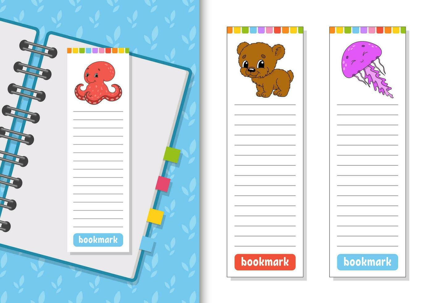 Set of paper bookmarks for books with cute cartoon characters. For kids. Isolated on white background. Vector illustration.