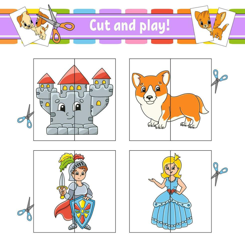 cortar y jugar. tarjetas flash rompecabezas de colores hoja de trabajo de desarrollo educativo. pagina de actividades juego para niños. estilo de dibujos animados personaje divertido ilustración vectorial vector