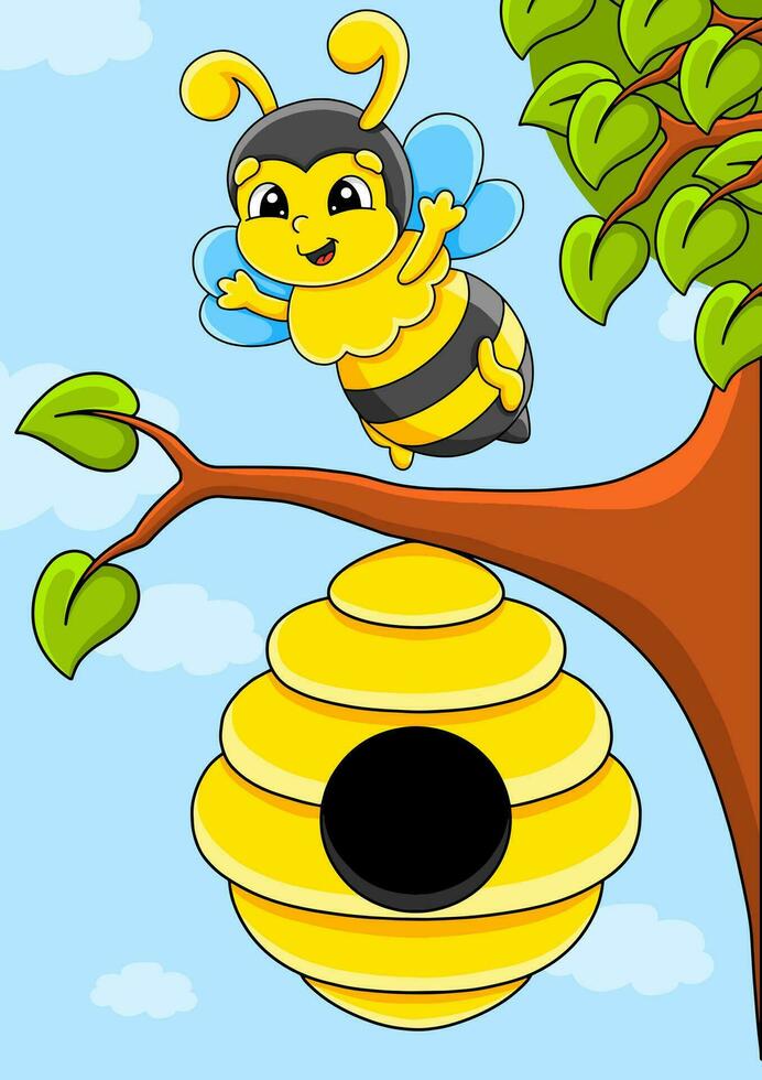 Cartoon character bee. Color background for your design. For wallpapers, covers, postcards, banners. Vector illustration.