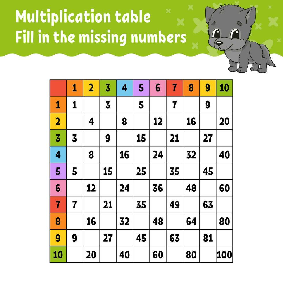 Paste the missing numbers. Learning multiplication table. Handwriting practice. Education developing worksheet. Color activity page. Game for children. Vector illustration.