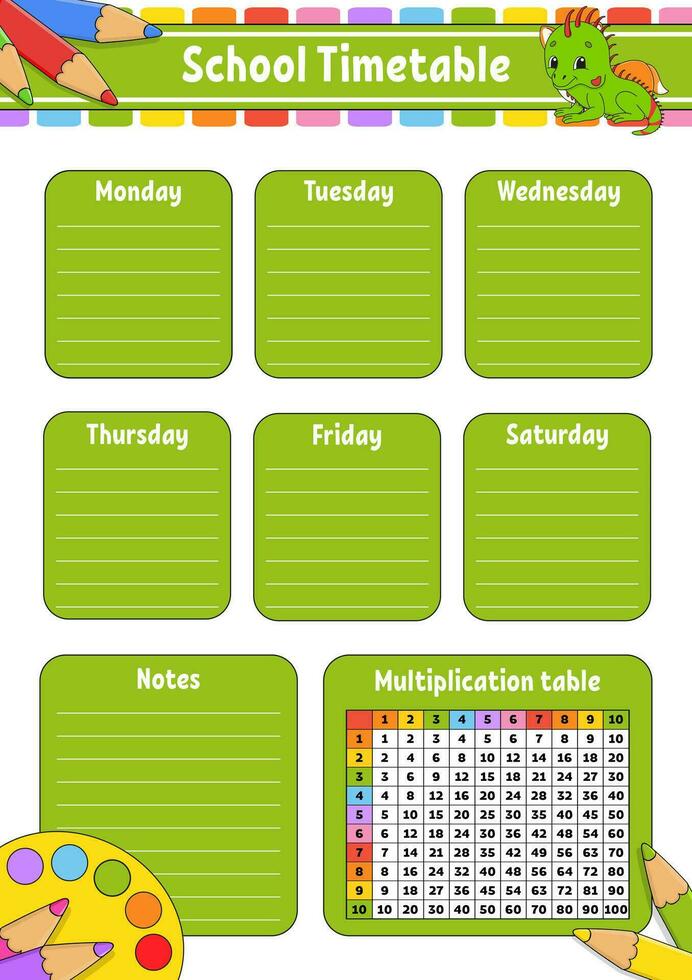School timetable with multiplication table. For the education of children. Isolated on a white background. With a cute cartoon character. Vector illustration.