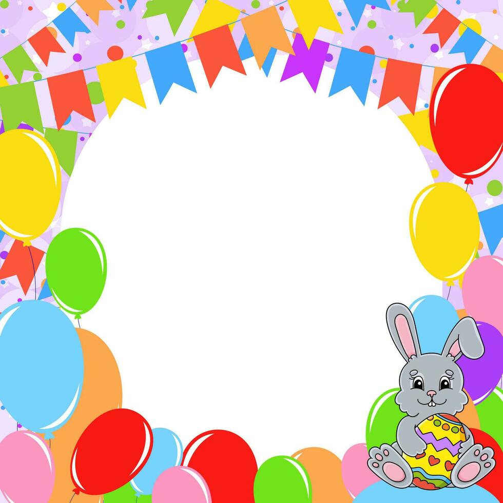 Happy birthday greeting card with a cute cartoon character. With copy space for your text. Picture on the background of bright balloons, confetti and garlands. Vector illustration.