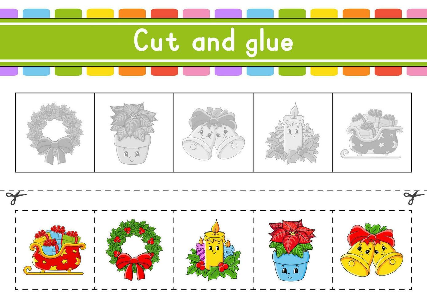 Cut and play. Paper game with glue. Flash cards. Education worksheet. Activity page. Scissors practice. Vector illustration.