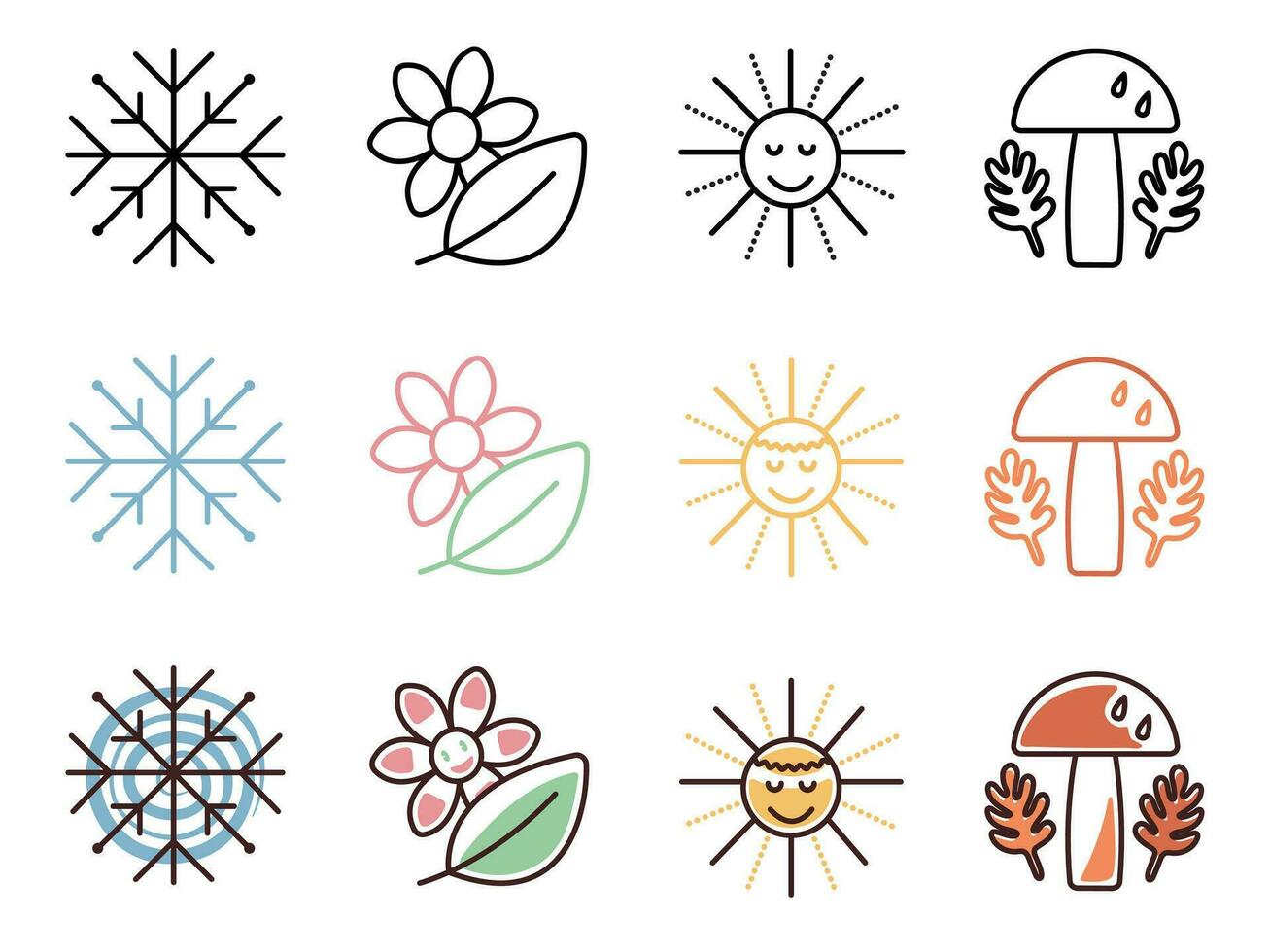 Four seasons icon set, vector signs of winter, spring, summer and autumn, black line, color and groovy style pictograms