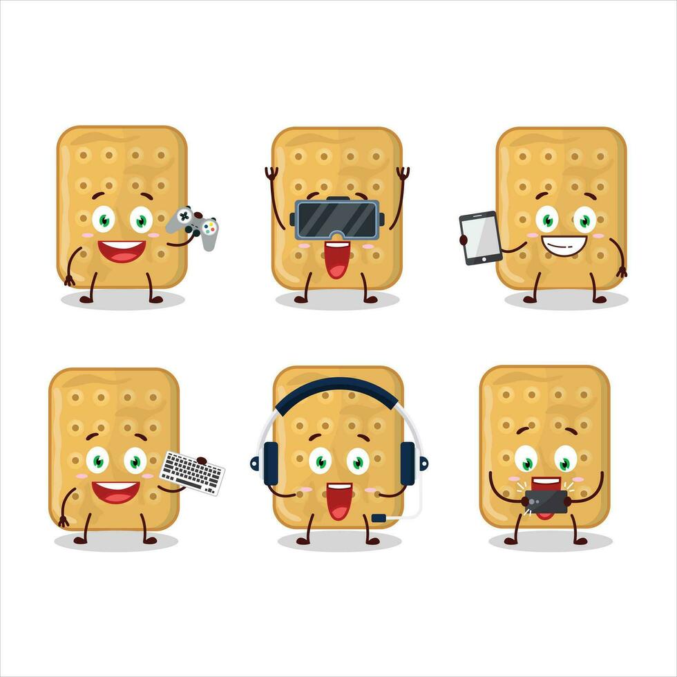 Biscuit cartoon character are playing games with various cute emoticons vector