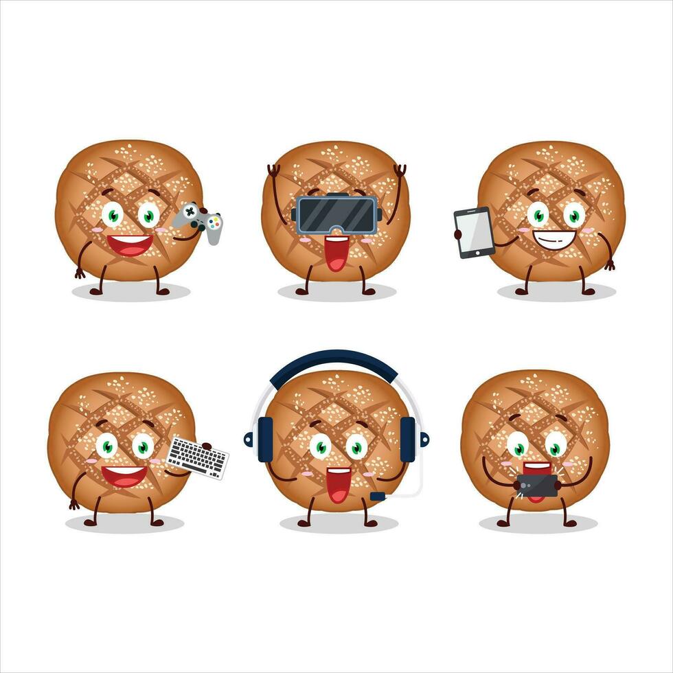 Round dark bread cartoon character are playing games with various cute emoticons vector
