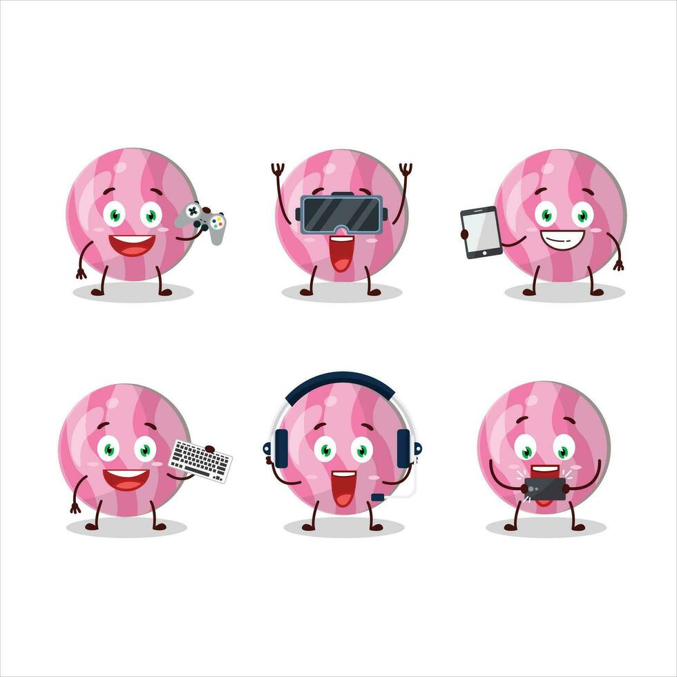 Pink candy cartoon character are playing games with various cute emoticons vector