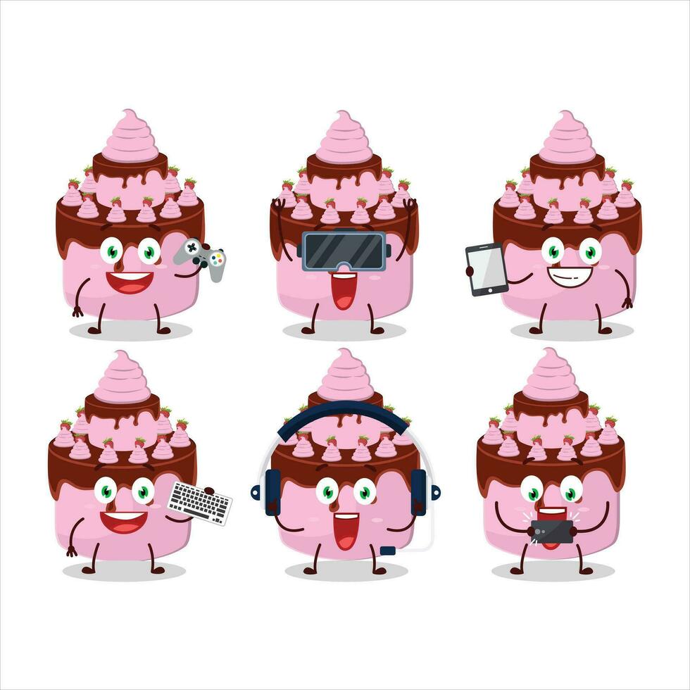 Sweety cake strawberry cartoon character are playing games with various cute emoticons vector