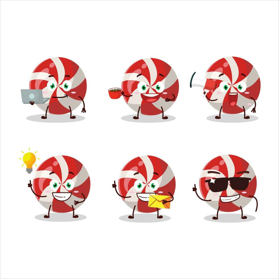Red candy cartoon character with various types of business emoticons vector