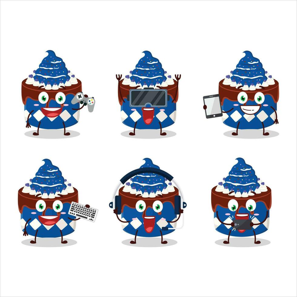 Sweety cake blueberry cartoon character are playing games with various cute emoticons vector