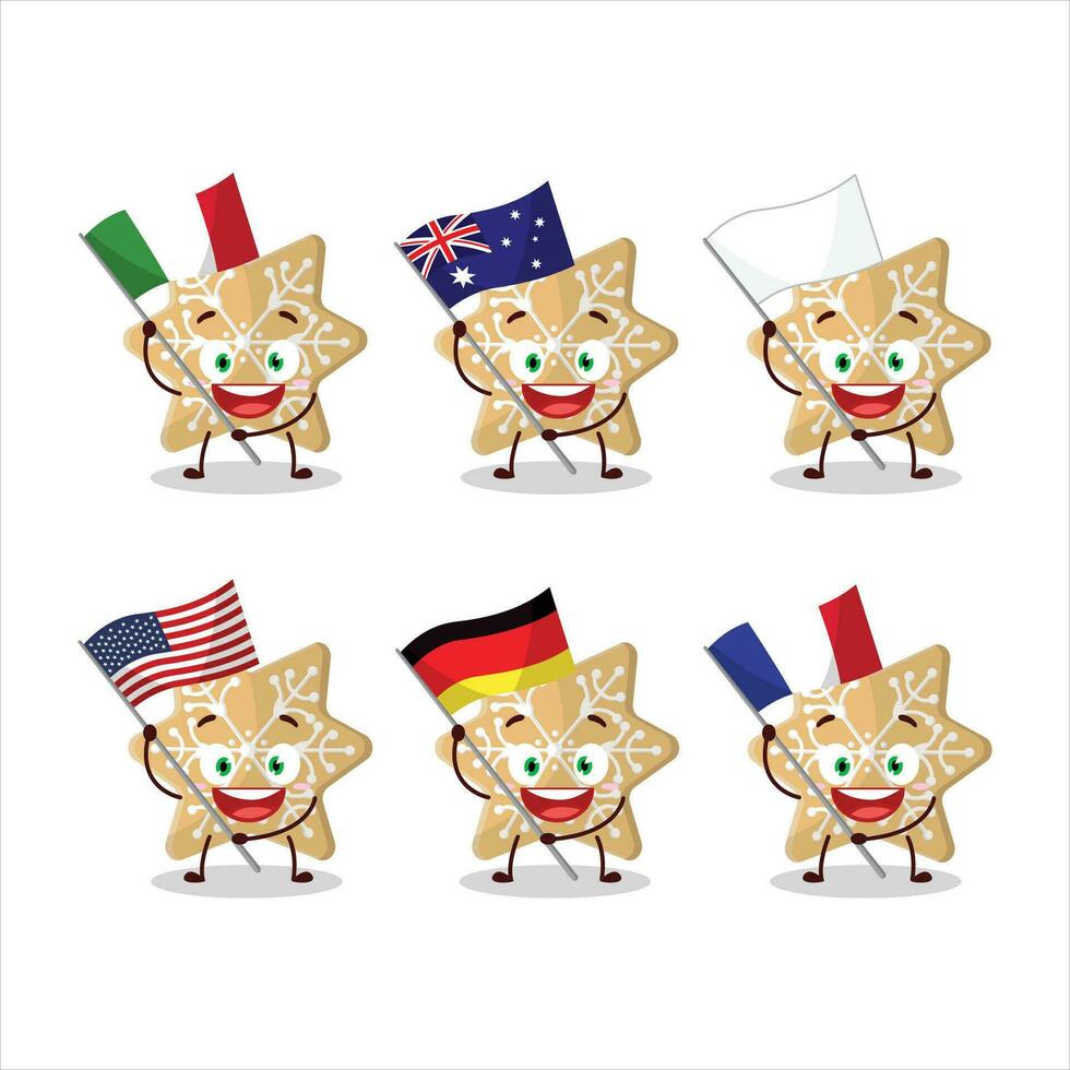 Cookies snow cartoon character bring the flags of various countries vector
