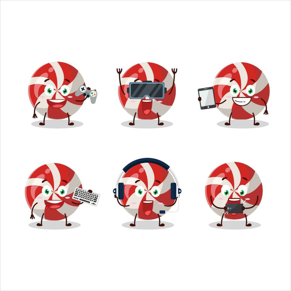 Red candy cartoon character are playing games with various cute emoticons vector