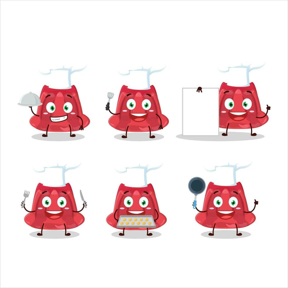 dibujos animados personaje de rojo pudín con varios cocinero emoticones vector