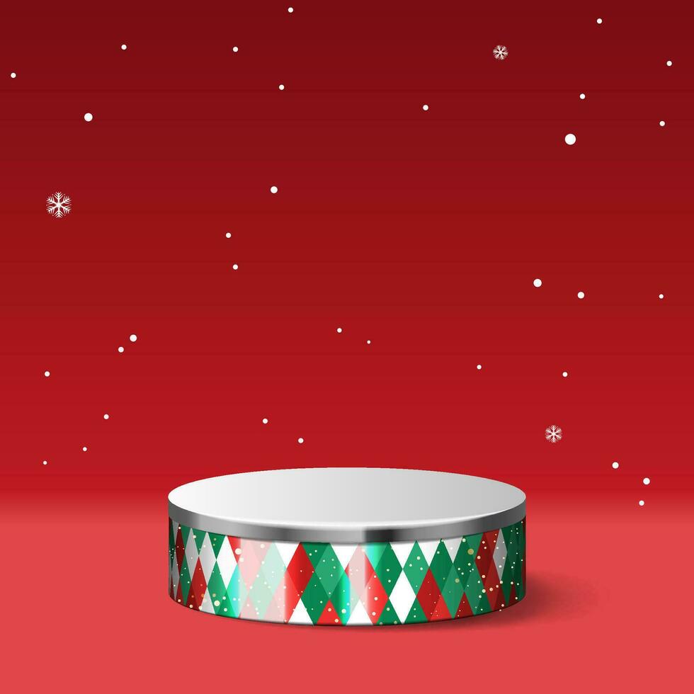 Abstract minimal mock up scene. seamless pattern and grey metal podium for show cosmetic product display. stage pedestal or platform. winter Christmas red background with snowflakes. 3D vector
