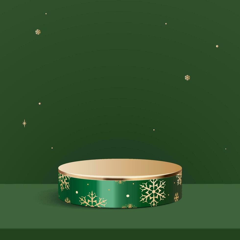 Abstract mock up scene. snowflakes seamless pattern green and gold metal  podium for show cosmetic product display. stage pedestal or platform. winter green Christmas white background with. 3D vector