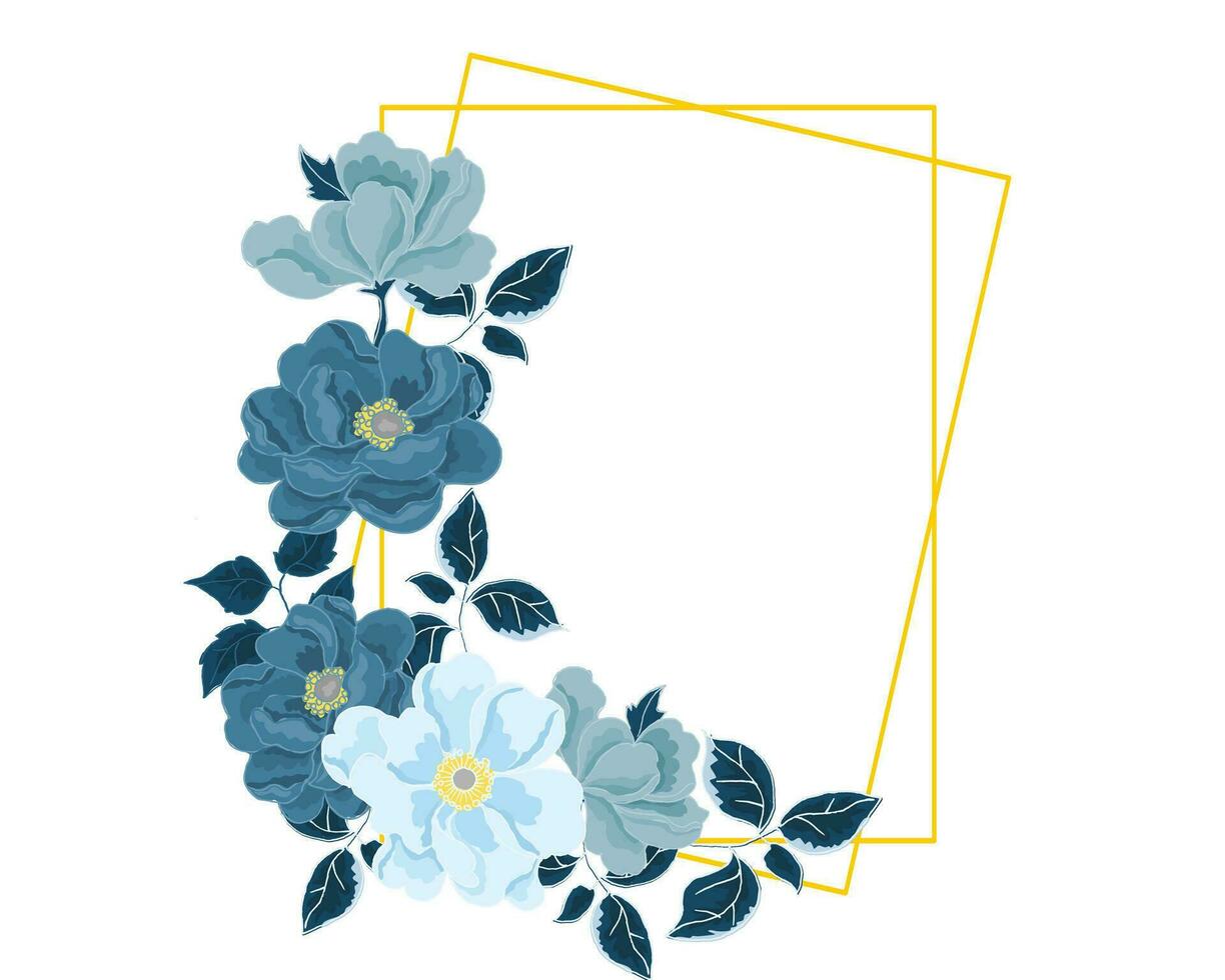 mano dibujado azul anémona flor oro marco vector