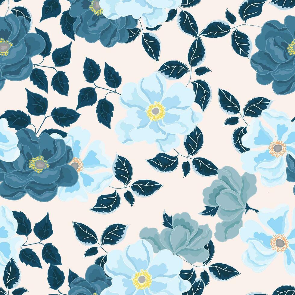 Hand Drawn Blue Anemone Flower Seamless Pattern vector