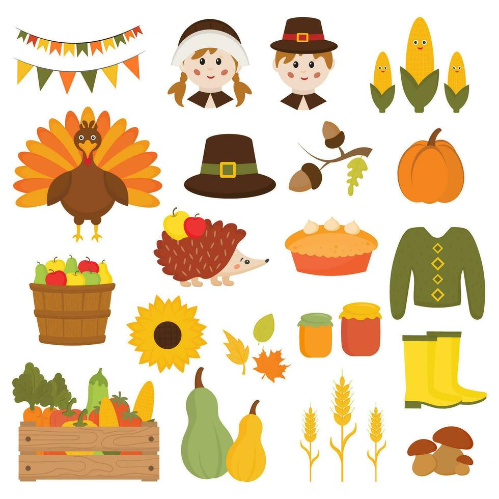 Thanksgiving Day element set. Turkey, pumpkin pie, corn, pilgrim hat, harvest autumn objects, leaves, branches, fall berry. Hand drawn Thanksgiving autumn fall cartoon illustration. For stickers, tags vector