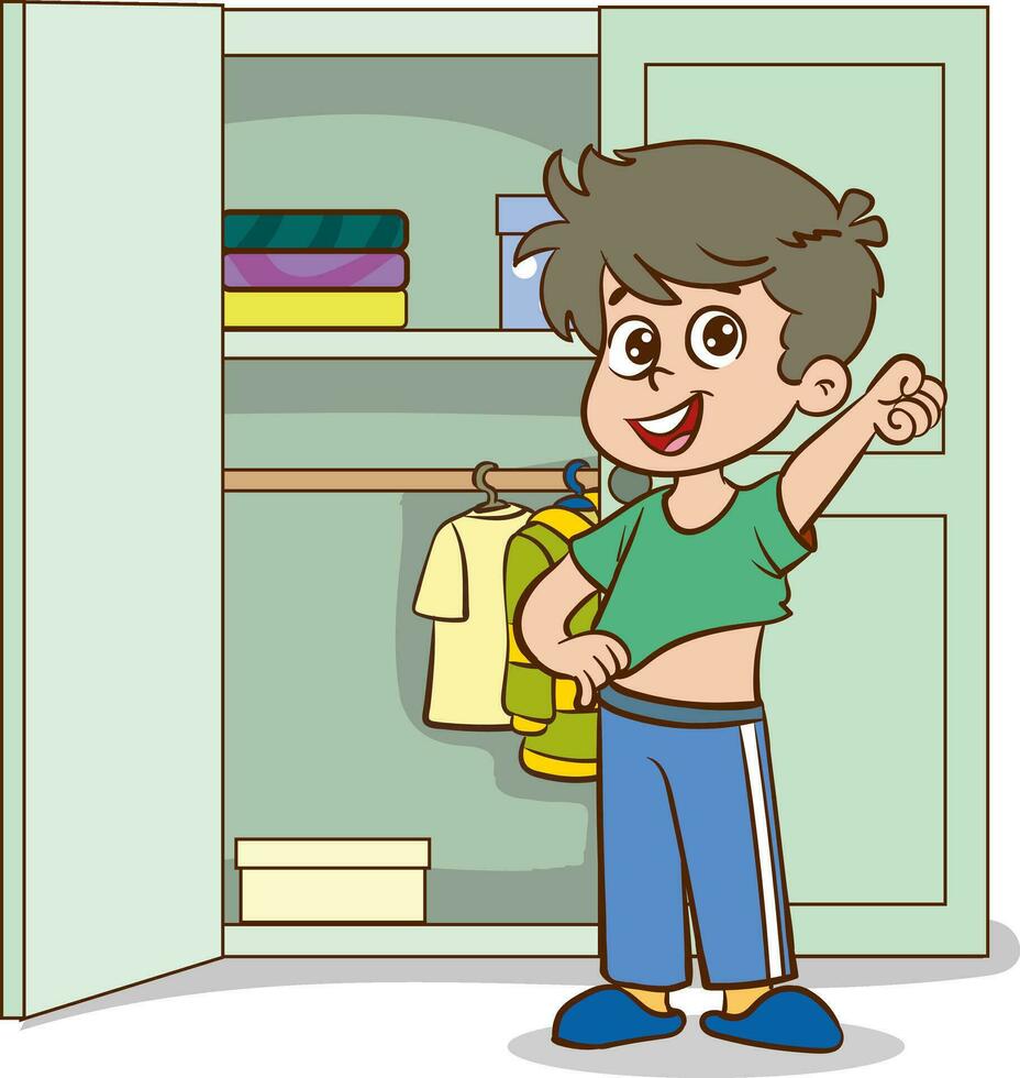 children choosing clothes in the closet. Vector illustration of a cartoon style.