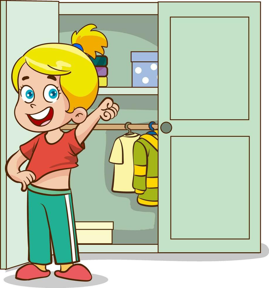 children choosing clothes in the closet. Vector illustration of a cartoon style.