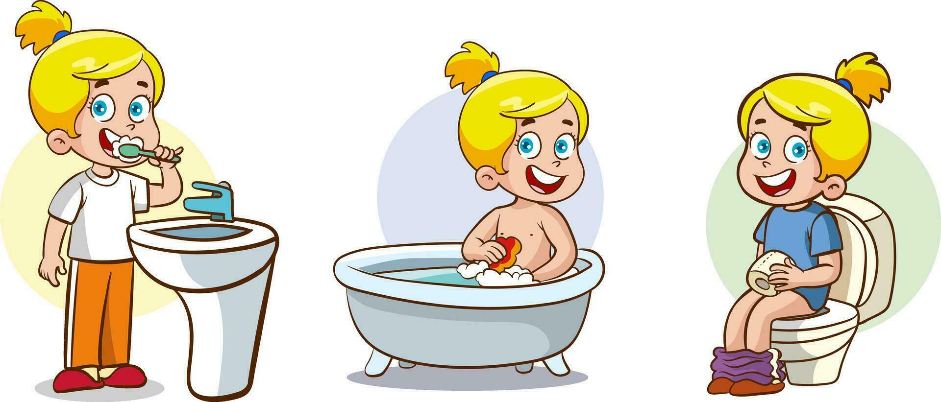 Children's daily routine in the bathroom.Vector clipart illustration. vector