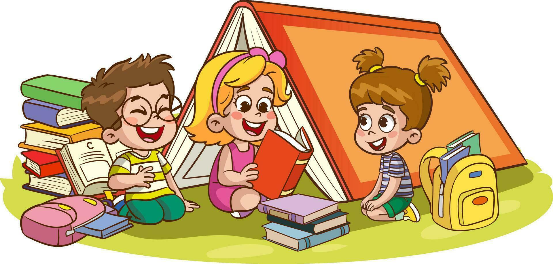 Illustration of Children Learning and Reading Books Outside Tent vector