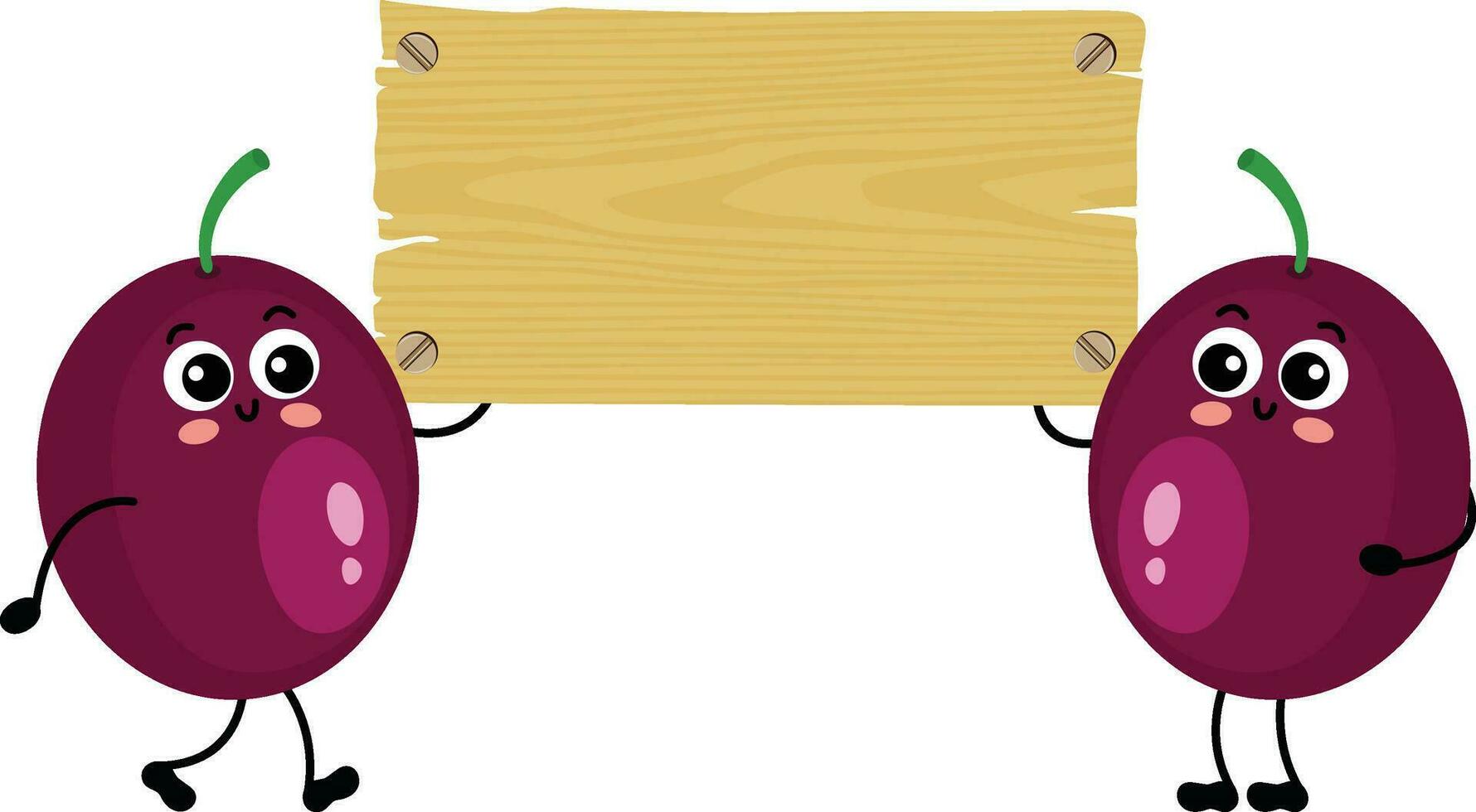 Two funny exotic fruit passion fruit mascots holding an empty wooden board vector