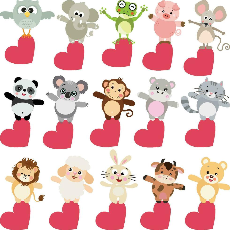 Set of cute animals on top of heart vector