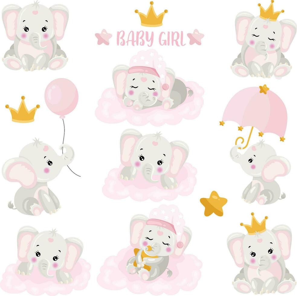 Set with pink digital elements of baby girl elephant vector