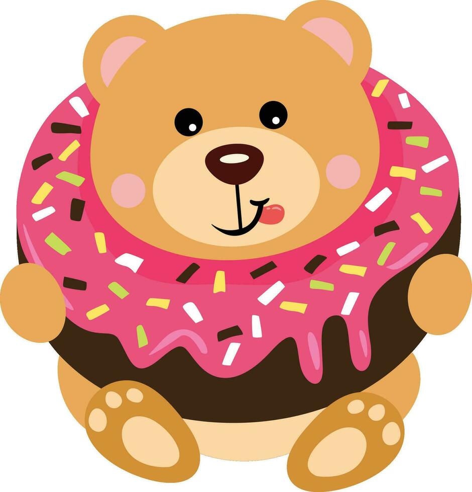 adorable osito de peluche oso dentro un delicioso rosquilla vector