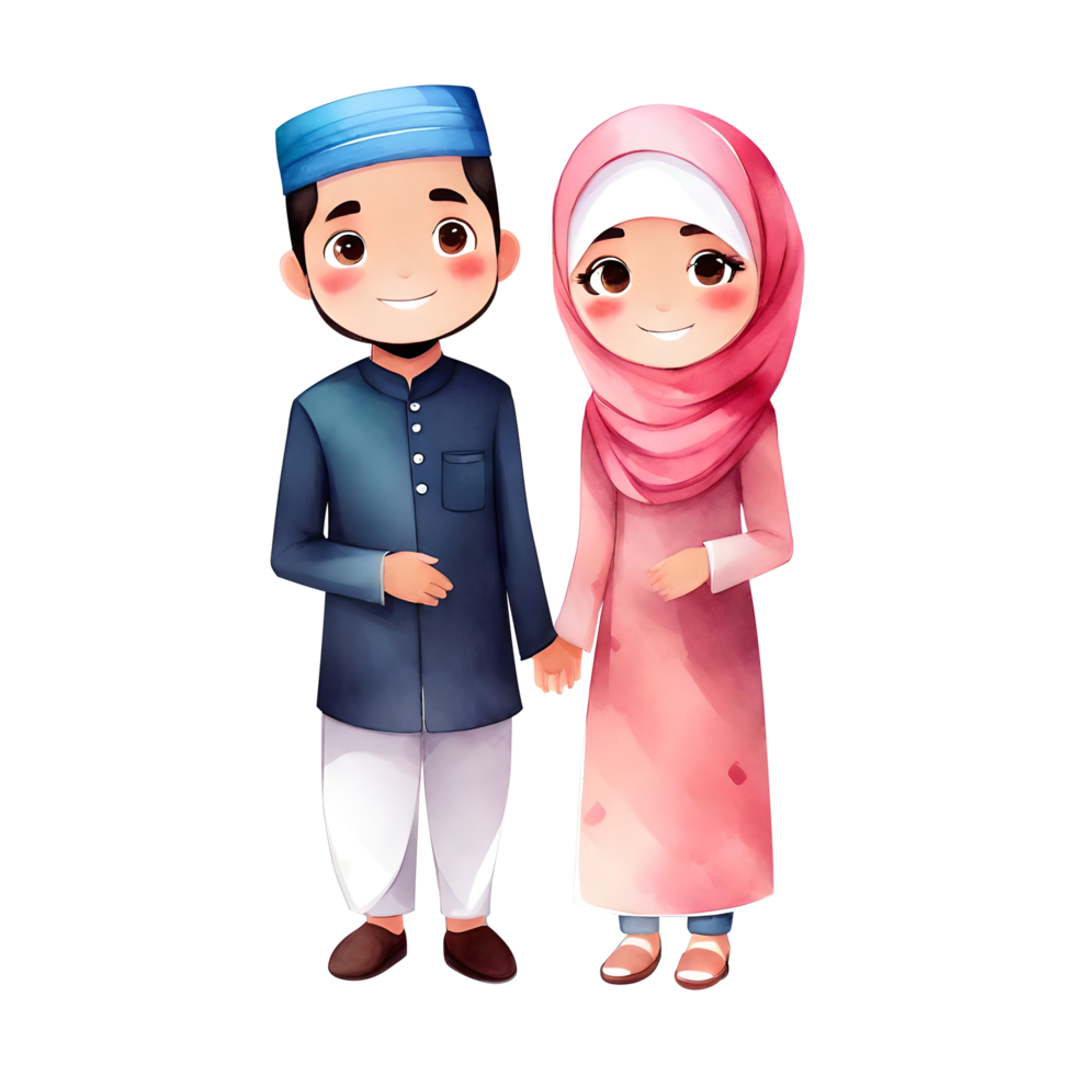Süss glücklich süß bezaubernd Muslim Paar Clip Art einfach isoliert transparent ai generativ Illustration png