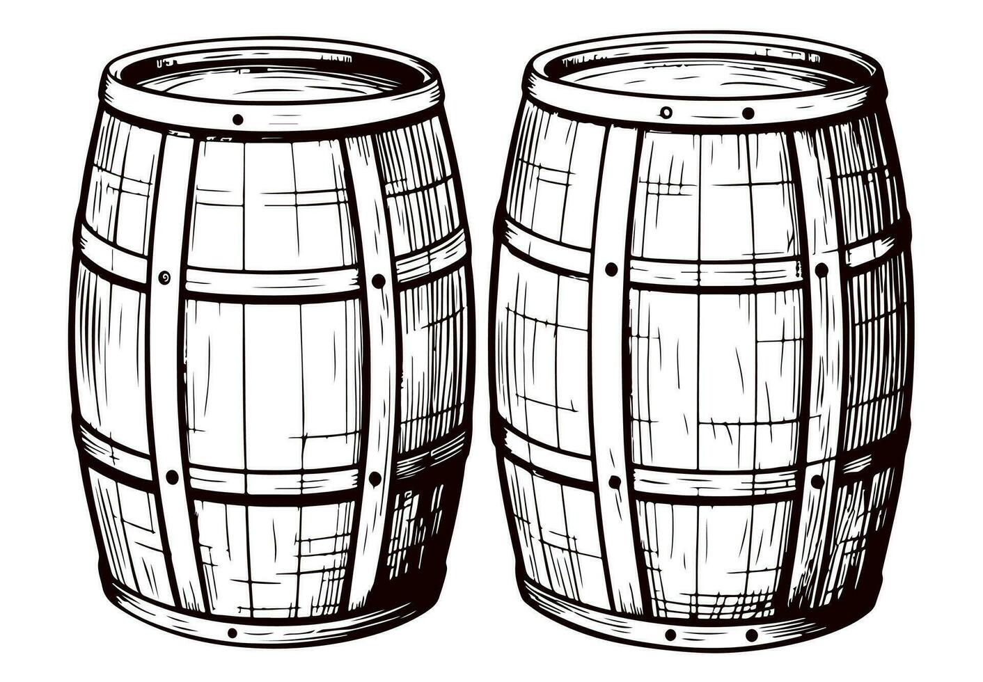 Oak wooden barrel ink illustration. Hand drawn engraving style barrel with crane . Vintage vector