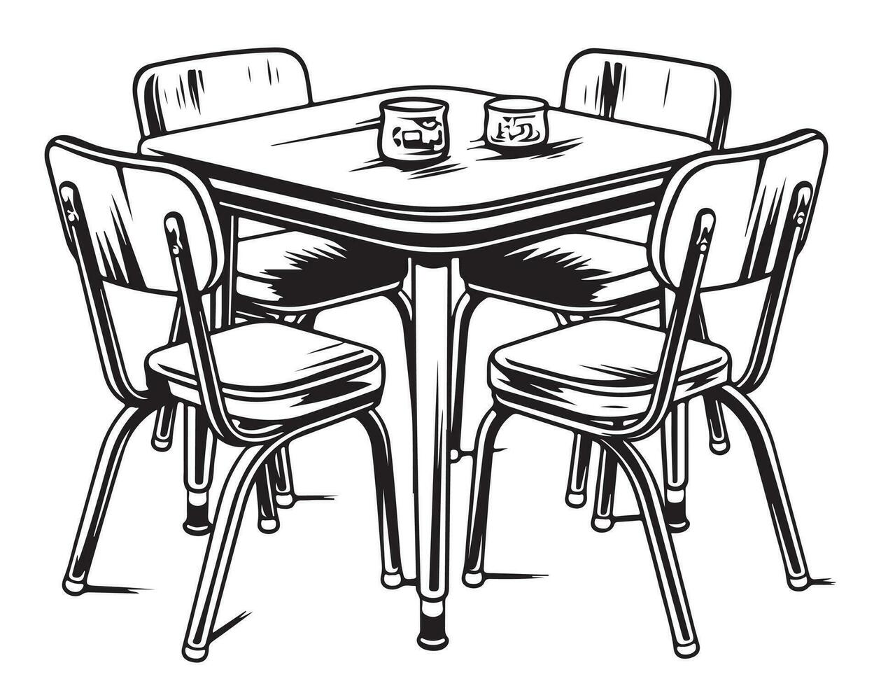 Table with chairs furniture sketch hand drawn . Vector illustration of furniture elements