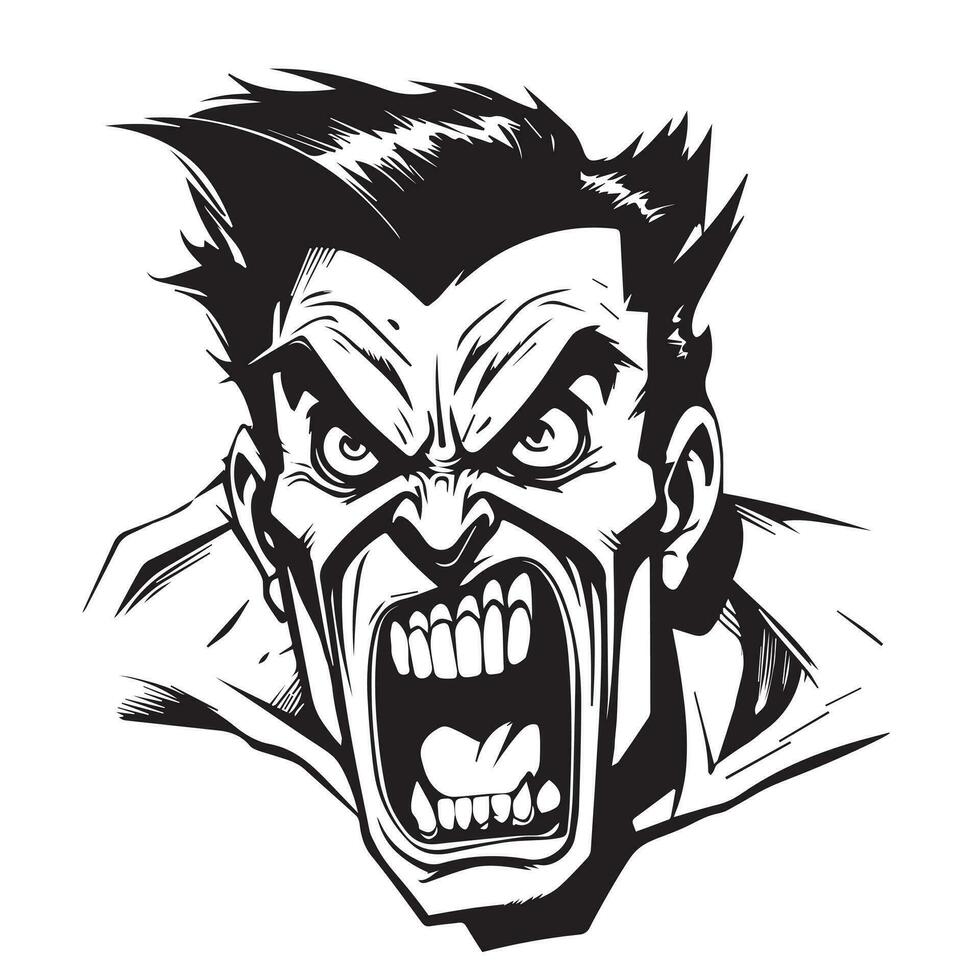 Angry screaming man head, open mouth, Cartoon style vector