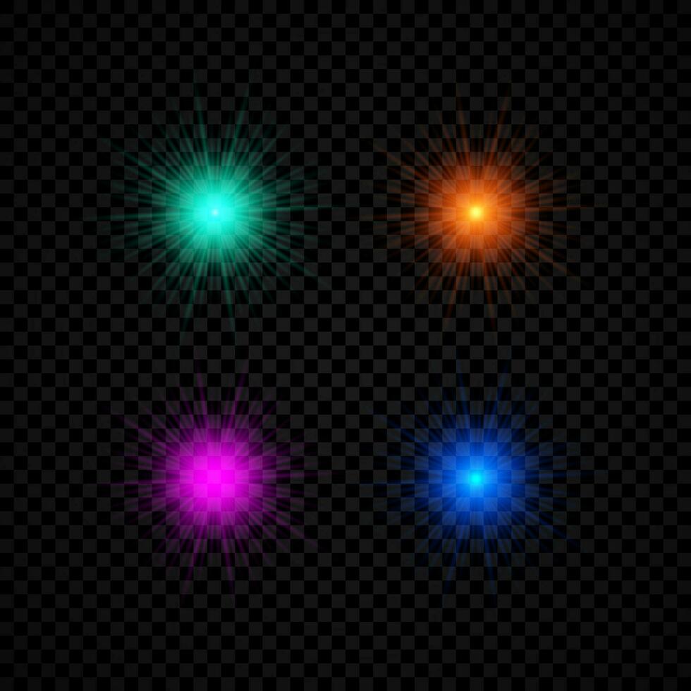 ligero efecto de lente bengalas conjunto de cuatro verde, naranja, púrpura y azul brillante luces Starburst efectos con destellos en un oscuro antecedentes. vector ilustración