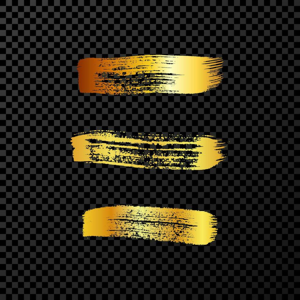 Gold grunge brush strokes. Set of three painted ink stripes. Ink spot isolated on dark background. Vector illustration