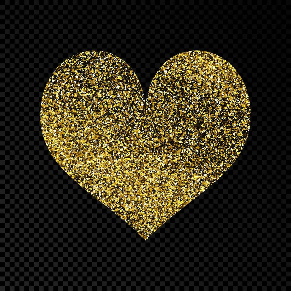 Gold glittering heart on dark background. Background with gold sparkles and glitter effect. Vector illustration