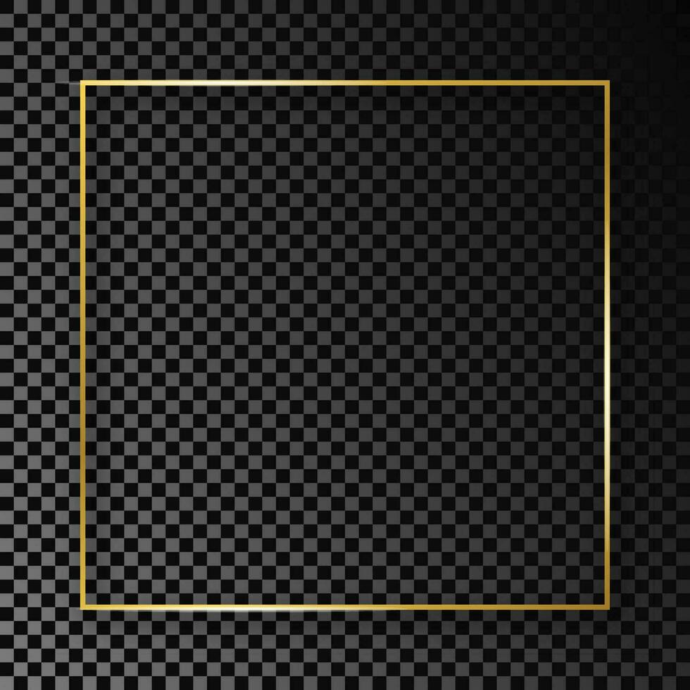 Gold glowing square frame with shadow isolated on dark background. Shiny frame with glowing effects. Vector illustration.