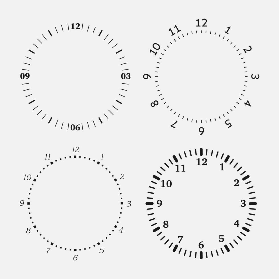 Clock faces on a white background. Set of four 12 hours watch dials with round scale. Vector illustration