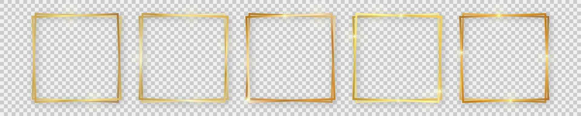 Set of five double gold shiny square frames with glowing effects and shadows on background. Vector illustration