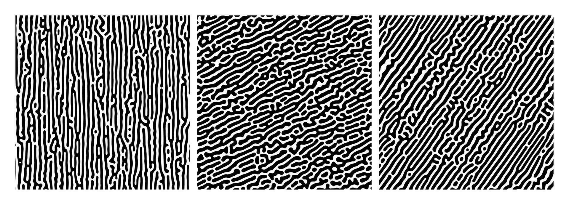 Set of three turing reaction gradient backgrounds. Abstract diffusion pattern with chaotic shapes. Vector illustration.