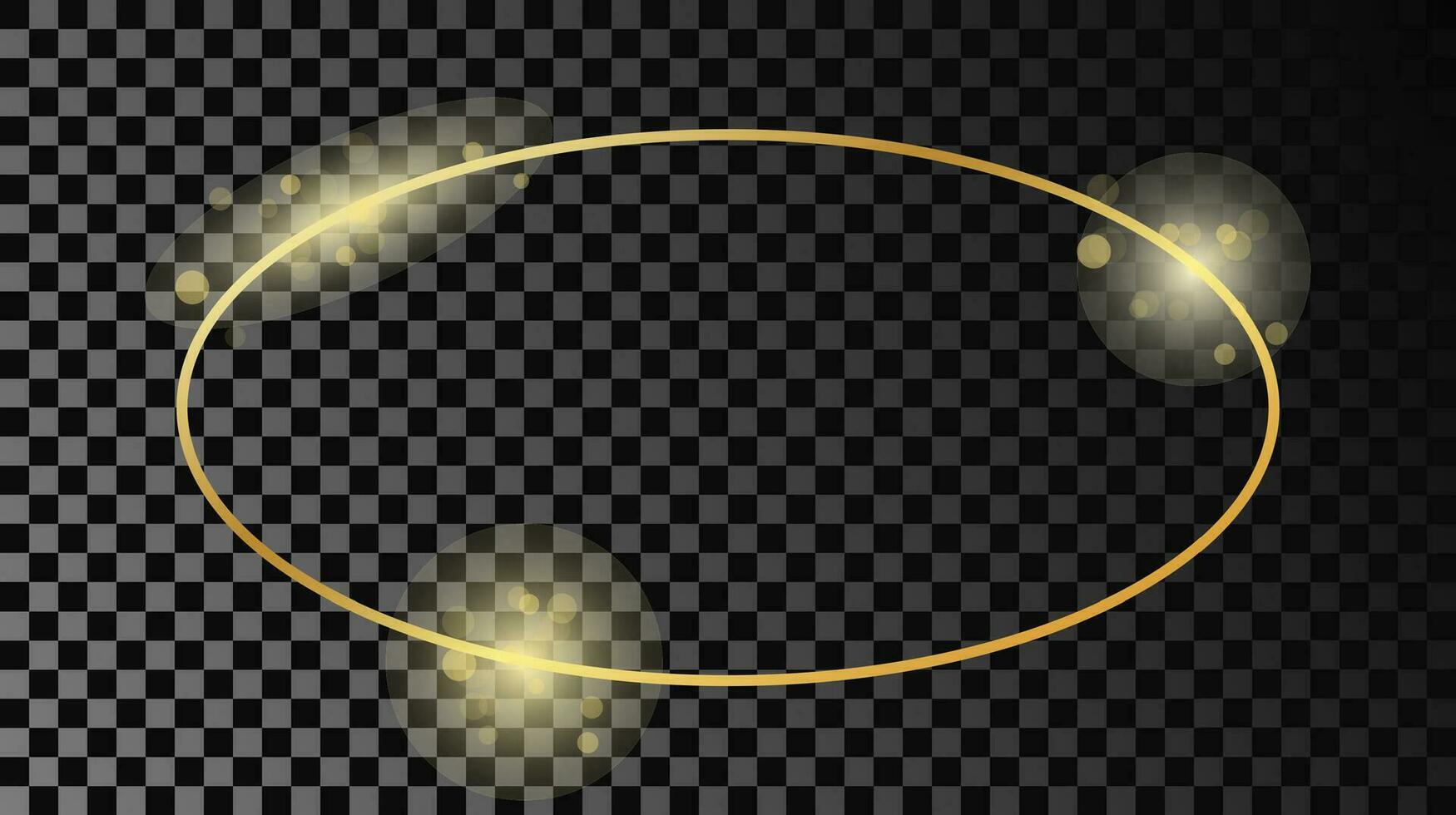 Gold glowing oval shape frame isolated on dark background. Shiny frame with glowing effects. Vector illustration.