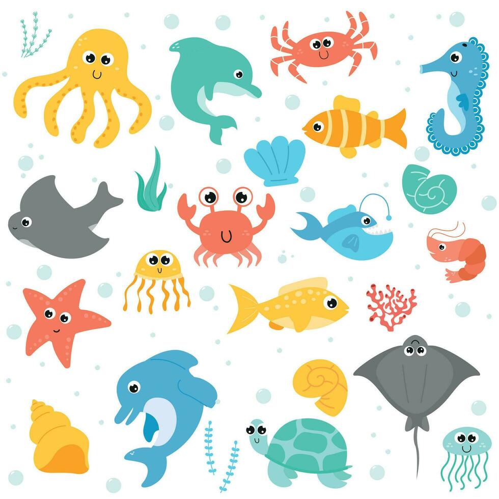 Set with undersea animals. Hand drawn vector sea life collection. Whale, dolphin, shell, starfish, crab, jellyfish, stingray