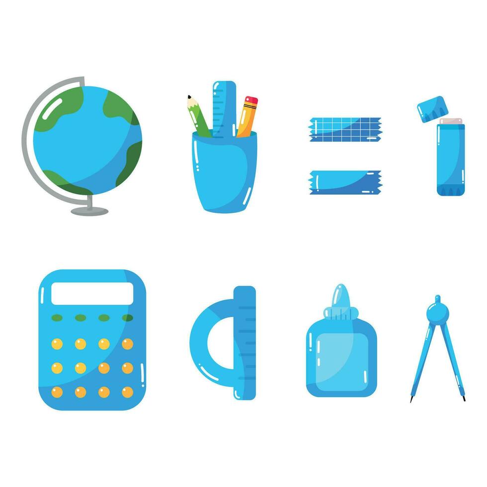Set of study school supplies in blue color calculator, pencils, ruler, stickers, glue stick divider globe Back to school Doodle vector